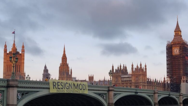 Resign Modi Banner Apears on Westminister Bridge in London on August 15