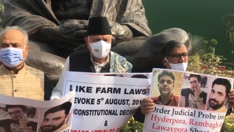 NC Parliamentarians Stage Protest outside Parliament- Demand Probe into Hyderpora, Rambagh and Lawypora Encounters